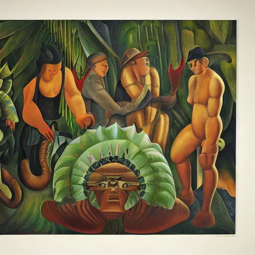 Image similar to high quality, high detail painting, dutch masterpiece, isamu noguchi, film noir, diego rivera, high garden scene with quetzalcoatl, hd, muted lighting