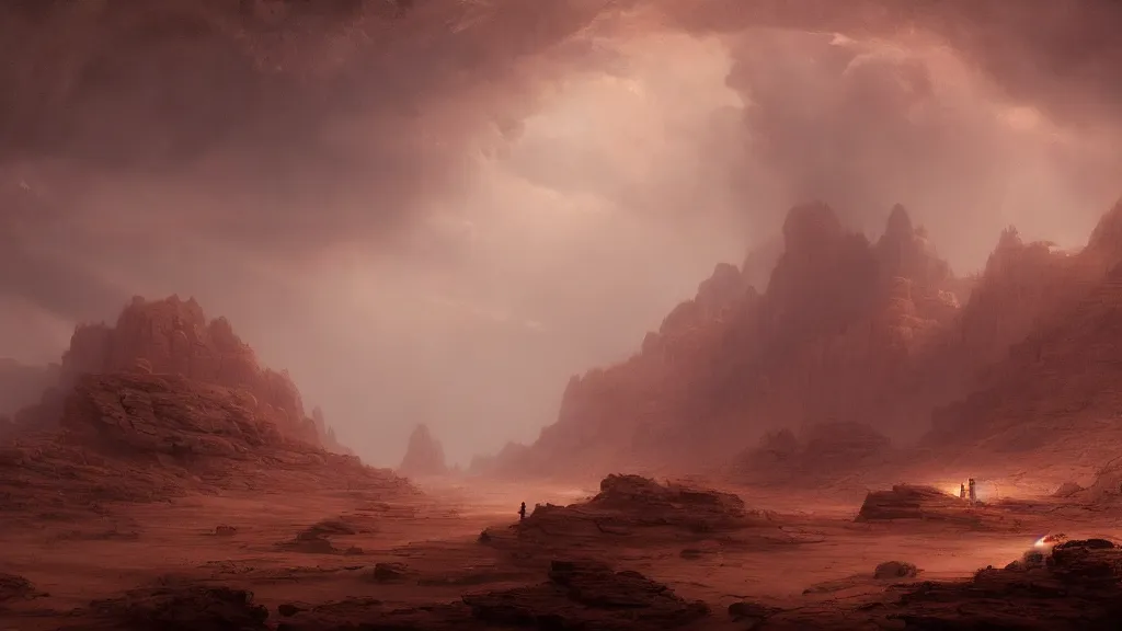 Image similar to canyons of mars during a sandstorm. andreas achenbach, artgerm, mikko lagerstedt, zack snyder 3 8 4 0 x 2 1 6 0