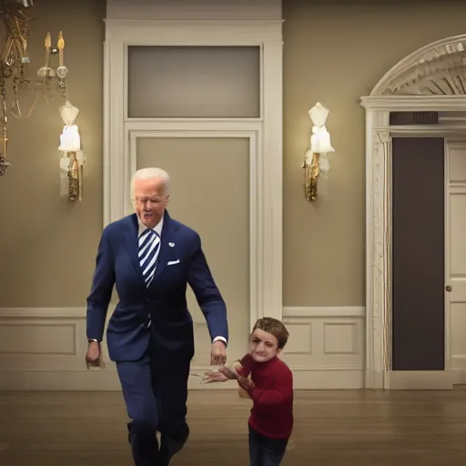 Image similar to joe biden chasing a child in the backrooms, hyper - realistic, 4 k, octane - render, realistic.