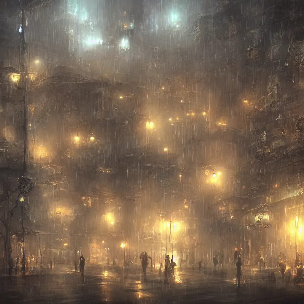 Prompt: steam punk city, concept art, light rain