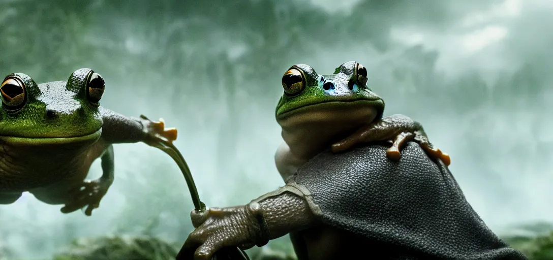 Image similar to lord of the rings with frogs, cinematic still, action shot, 8 k hdr