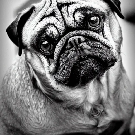 Image similar to a buffed pug with muscles, black and white, intricate, masterpiece, stunning