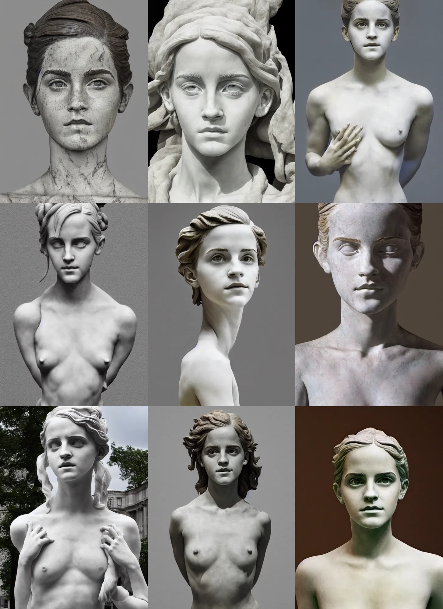 Prompt: sculpture statue of Emma Watson by Jean-Baptiste Carpeaux and Luo Li Rong and Michael James Talbot, all body, art exhibition in a public place, concept art, perfect symmetrical face, psychedelic, bodypaint, colored, white marble, in full growth, elegant, realistic, 8K, female full-skin figure, hyperrealism, subsurface scattering, raytracing, rim light, Octane Render, Redshift, Zbrush