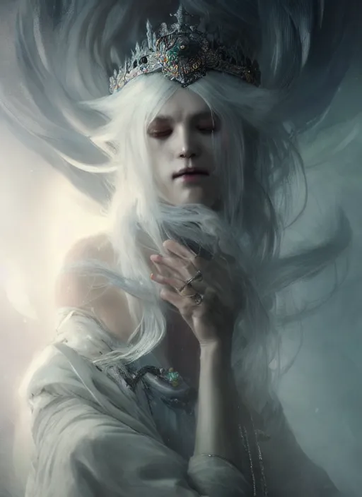 Prompt: a beautiful white haired princess, adorned with precious stone jewelry, intricate concept art, ethereal, ominous, gorgeous dark fantasy, misty, dramatic lighting, octane render, 8 k, ruan jia and jeremy mann and alphonse mucha