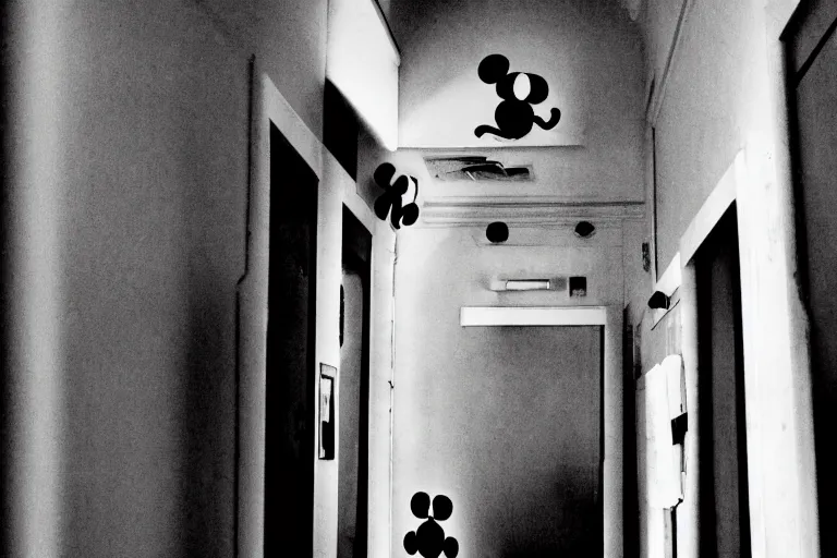 Image similar to a photo of a very long backrooms hallway with a creepy looking mickey mouse at the end of the hallway, staring with an evil grin, dark, horror, detailed