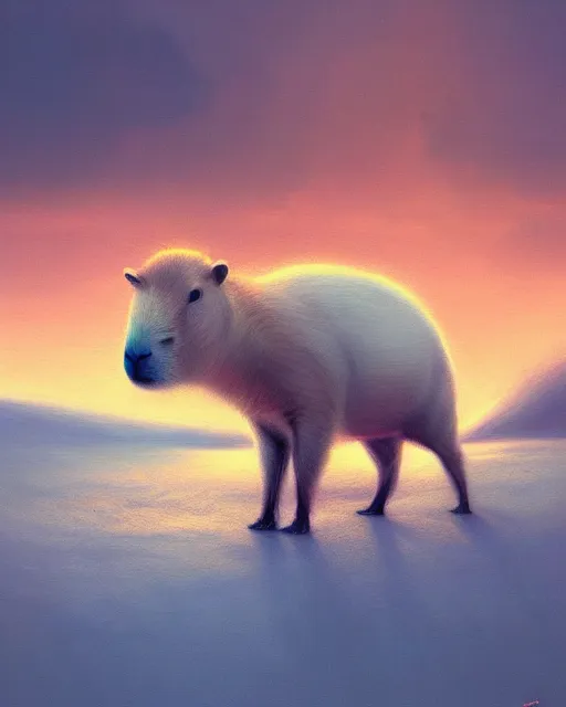 Image similar to white capybara at a cold tundra land, surreal photography, dramatic, impressionist painting, colorful clouds, digital painting, artstation, kilian eng, john harris, bastien lecouffe - deharme, simon stalenhag, flower face