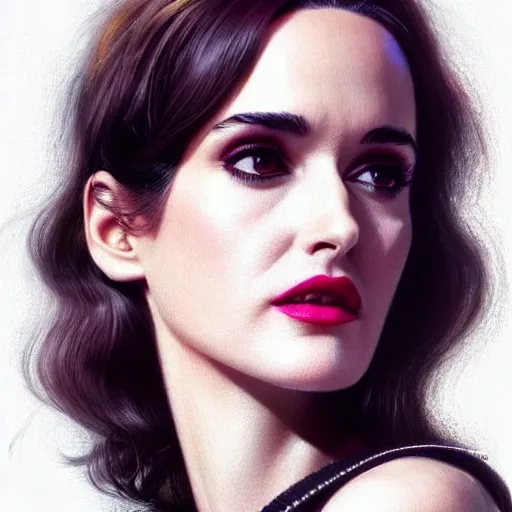 Prompt: photorealistic portrait of winona ryder, highly intricate, retro 6 0 s fashion, elegant, highly detailed, crispy quality and cyber neon light reflections, trending in artstation, trending in pinterest, glamor pose, sharp focus, no signature, no watermark, art by artgerm and greg rutkowski