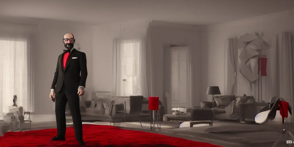 Image similar to gorgeous 3d render of VSauce in a tuxedo and red bow tie ominously standing in a living room, realistic volumetric lighting, realistic reflections, rendered by Octane, highly realistic, 4k wallpaper, trending on Artstation, by Yoshitaka Amano