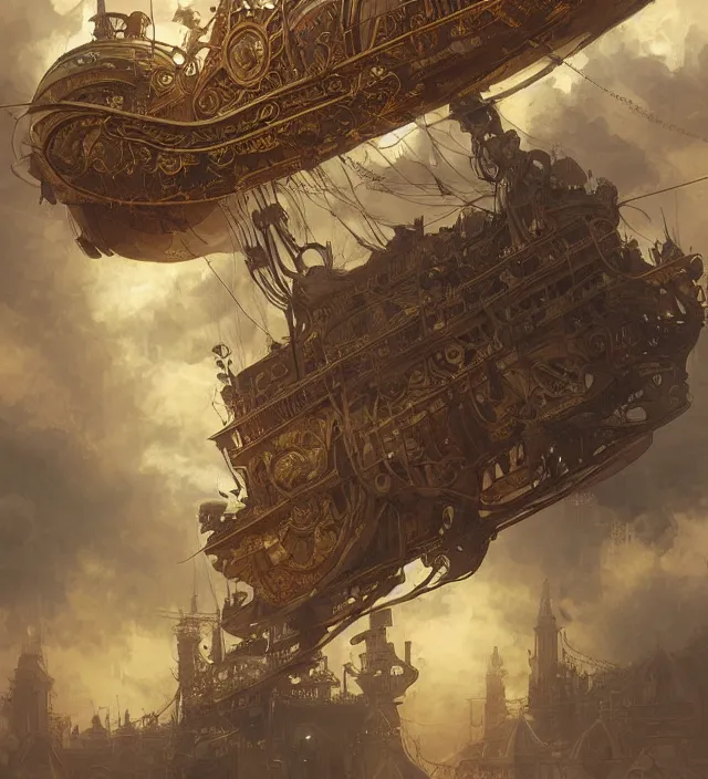 Image similar to a baroque steampunk airship dirigible, intricate, highly detailed, digital painting, artstation, concept art, sharp focus, cinematic lighting, illustration, art by artgerm and greg rutkowski, alphonse mucha, cgsociety