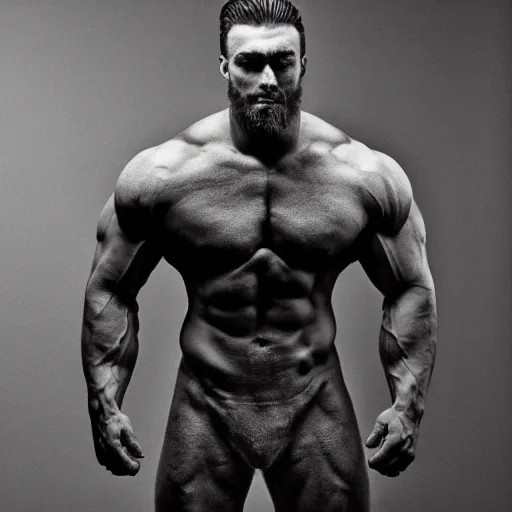 Image similar to overly muscular giant superhuman gigachad, grayscale, award - winning, sharp focus