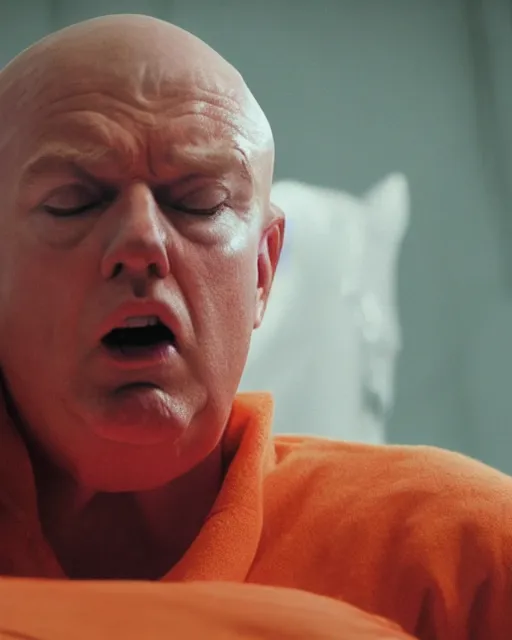 Image similar to closeup portrait of of angry donald trump wearing orange prison pajamas sitting on a bed kissing a bald eagle in a filthy prison, cinematic masterpiece, octane, dramatic lighting, editorial photo, 35mm, very detailed