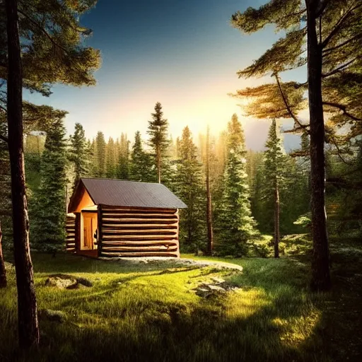 Prompt: beautiful landscape, cabin home on the top of a hill surrounded by trees, natural lighting, 35mm photography, highly detailed, 8K, artgerm, cgsociety, warm lighting