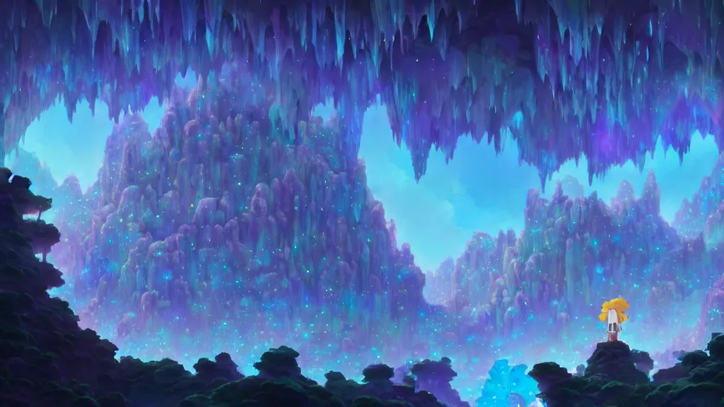 Image similar to crystal cave, clusters of crystals, studio ghibli, pixar and disney animation, sharp, rendered in unreal engine 5, highly detailed, digital painting, artstation, concept art, smooth, sharp focus, illustration, wide angle, artbook, wallpaper, splash art, promo art, dramatic lighting, art by artgerm and greg rutkowski and bo chen and jin xiaodi