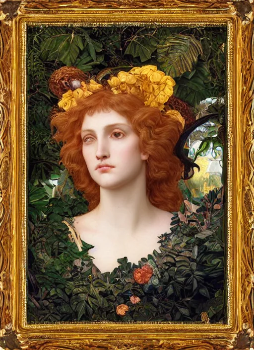 Image similar to masterpiece beautiful seductive flowing curves preraphaelite face portrait amongst leaves, extreme close up shot, straight bangs, thick set features, yellow ochre ornate medieval dress, horns, amongst foliage mushroom forest arch framed with plants, gold gilded circle halo, kilian eng and frederic leighton and rosetti, 4 k