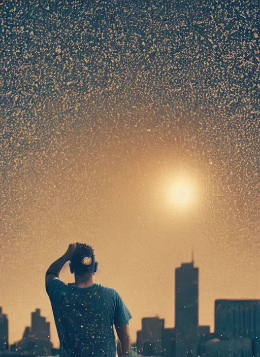 Prompt: a 3 5 mm photo from the back of a scientist raising a fist in triumph, standing in front of a city, splash art, movie still, bokeh, canon 5 0 mm, cinematic lighting, dramatic, film, photography, golden hour, depth of field, award - winning, anamorphic lens flare, 8 k, hyper detailed, 3 5 mm film grain