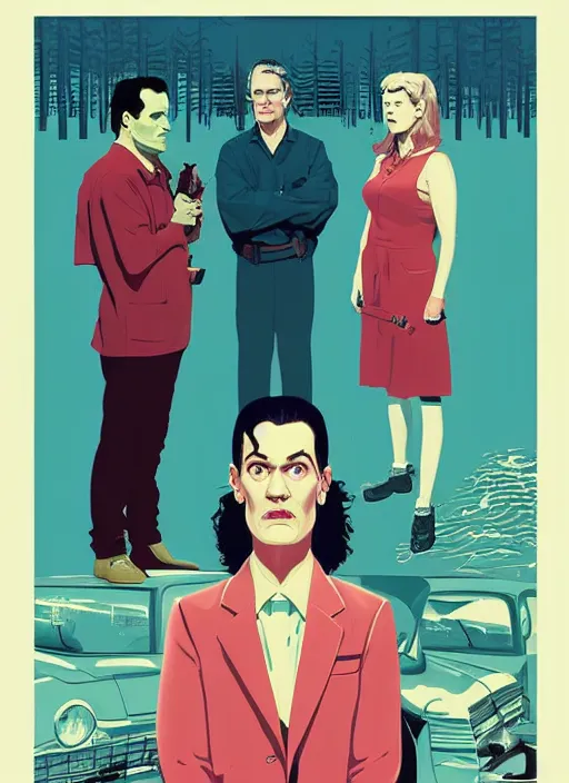 Image similar to Twin Peaks art, of Michael Shannon dressed as mechanic talking to Jennifer Connelly wearing light blue diner waitress dress, poster artwork by Tomer Hanuka, Sam Weber, Laurent Durieux, Katherine Lam, from scene from Twin Peaks, clean