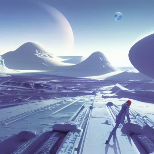 Image similar to Frozen frontiers on an alien planet, floating mountains above clouds in the background, vanishing perspective of a road, ravine, Syd Mead, John Harris, Federico Pelat,