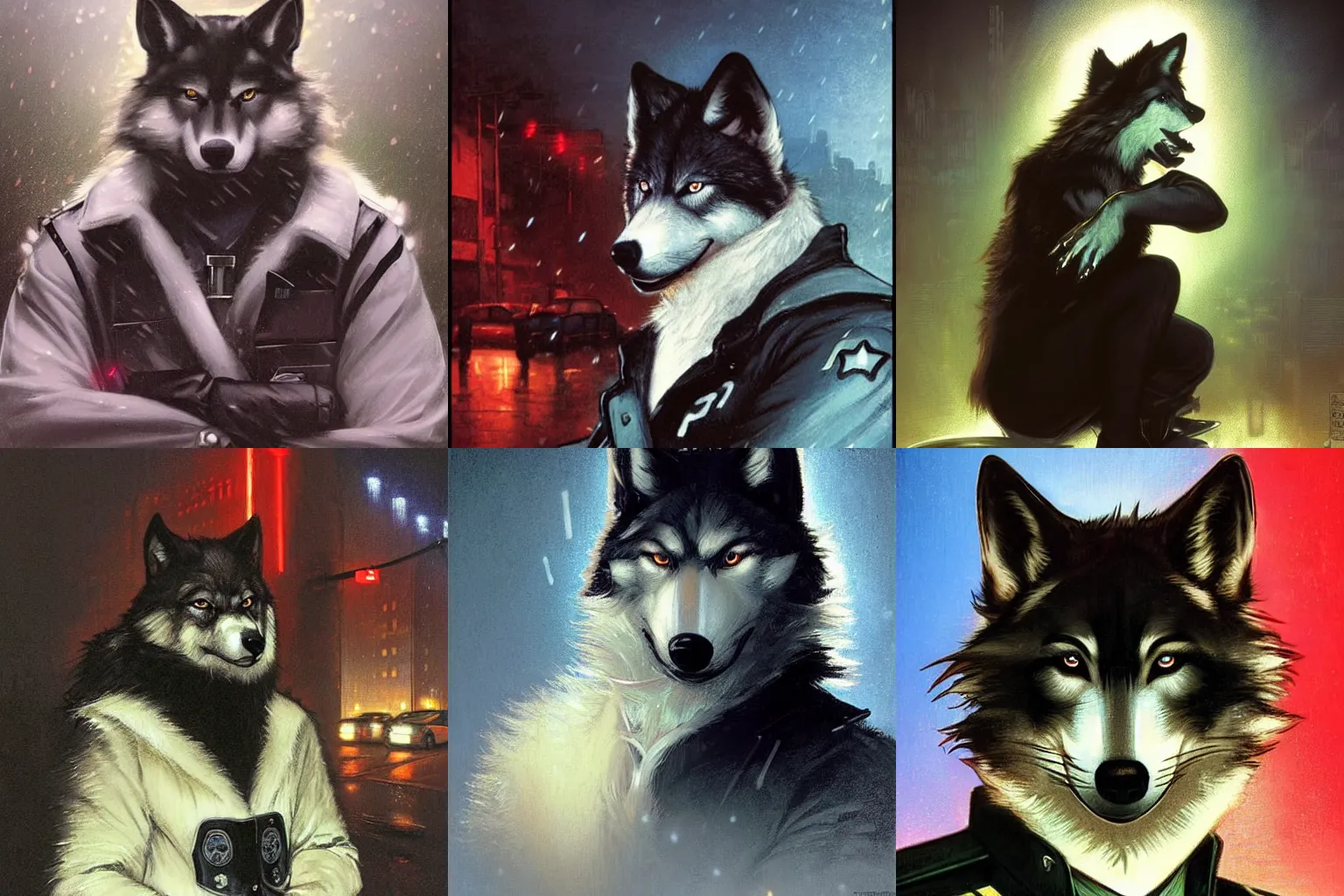 Prompt: a anthropomorphic wolf police officer with white fur in a black police uniform sitting in his patrol car at night looking bored while it rains with red and blue neon light reflecting off of his face. Renowned character illustration by greg rutkowski, thomas kindkade, alphonse mucha, loish, norman rockwell. Trending on furaffinity.