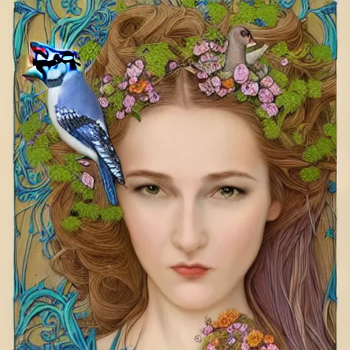 Prompt: realistic detailed face portrait of a beautiful woman with flowers in her hair and a blue jay nesting in her hair by jenny savilla, michael c hayes, fairytale, art nouveau, victorian, character concept design, smooth, extremely sharp detail, finely tuned detail, story book design, storybook layout