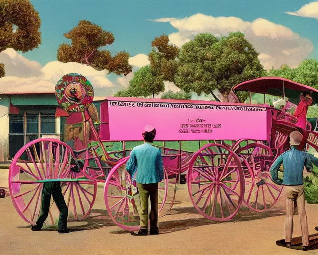 Image similar to the famous snake oil salesman Uncle Aloysius opening up his wagon to a crowd of pink onlookers, painting by Grant Wood, 3D rendering by Beeple, sketch by R. Crumb