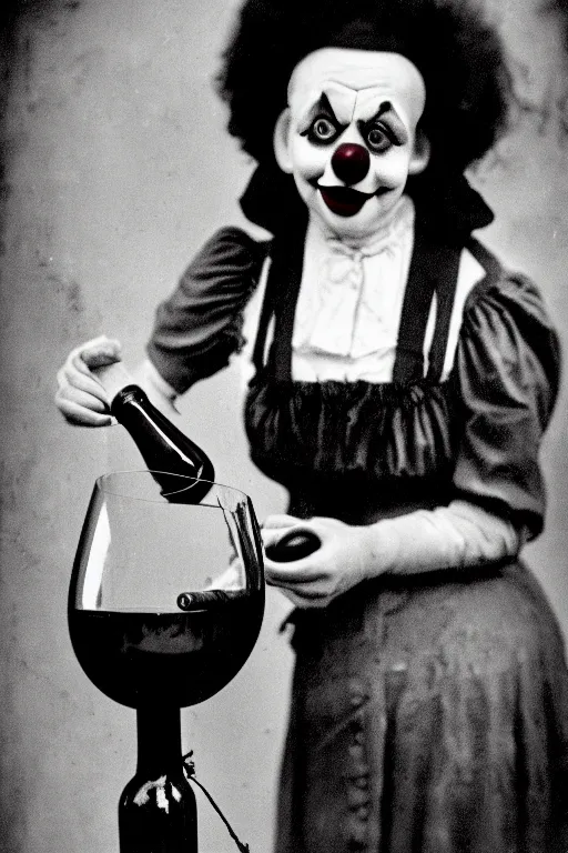 Image similar to old realistic photo of face of a female sad and tired clown, clown is holdind wine bottle, photograph, early 1 9 0 0's, black and whitehighly detailed, matte, sharp focus, smooth, sharp focus, illustration