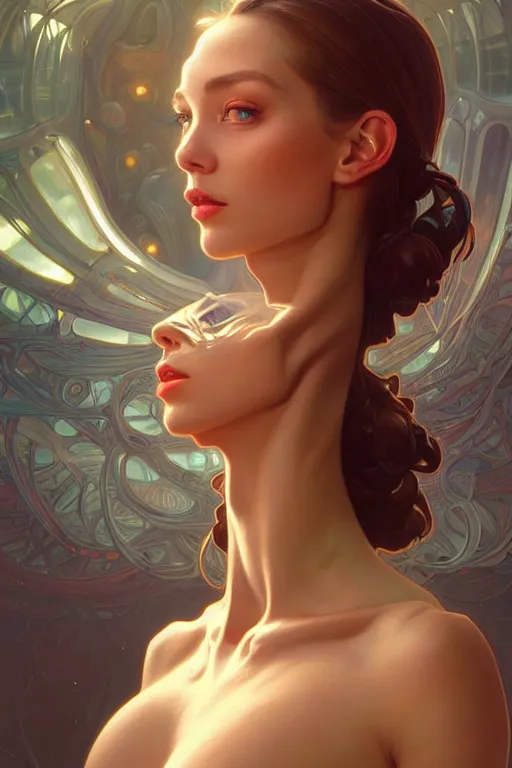 Image similar to clear portrait of a alien attractive women, cottagecore!!, background hyper detailed, character concept, full body, dynamic pose, glowing lights!! intricate, elegant, highly detailed, digital painting, artstation, concept art, smooth, sharp focus, illustration, art by artgerm and greg rutkowski and alphonse mucha