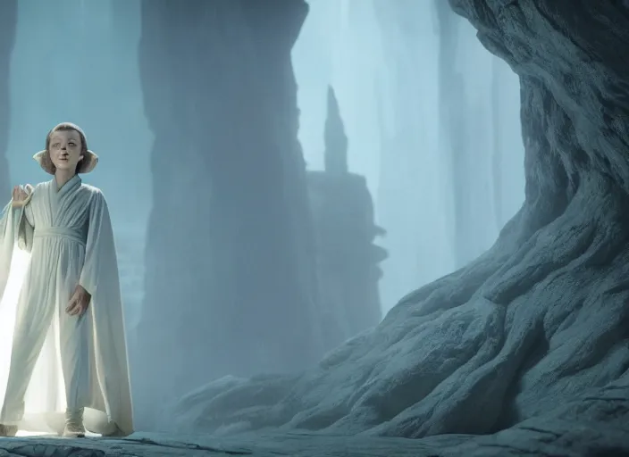 Image similar to film still of millie bobby brown as yoda in star wars movie, green skintone, pointy ears, wearing long white robe in a sith temple, deep focus, glamour pose, dramatic lighting, octane, mist, steve mccurry, volumetric lighting, 8 k