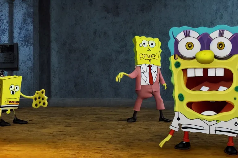 Prompt: an unreal render of a horror version of spongebob, 8 k, hyperreal, photorealism