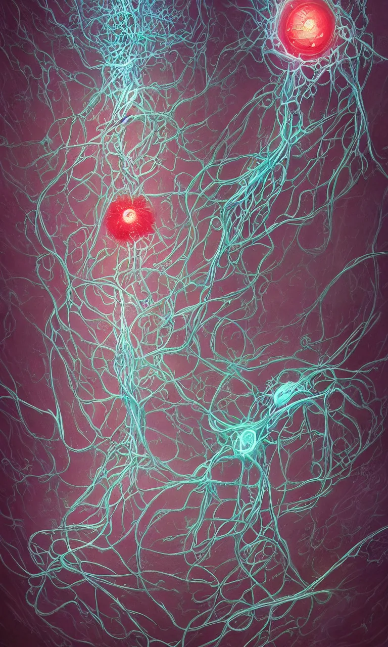 Image similar to internal lymphocyte virion rawandrendered synaptic fractality transmission embryonic beholder glial neurons cyberpunk nerve cells microscopic plankton by wojtekfus facey rossdraws. neuronal iridescent neuron synapse by beksinski. # imaginativerealism