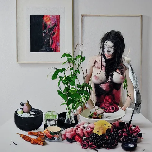 Image similar to “ a portrait in a female art student ’ s apartment, sensual, a pig theme, art supplies, surgical iv bag, octopus, ikebana, herbs, a candle dripping white wax, black walls, squashed berries, berry juice drips, acrylic and spray paint and oilstick on canvas, surrealism, neoexpressionism ”