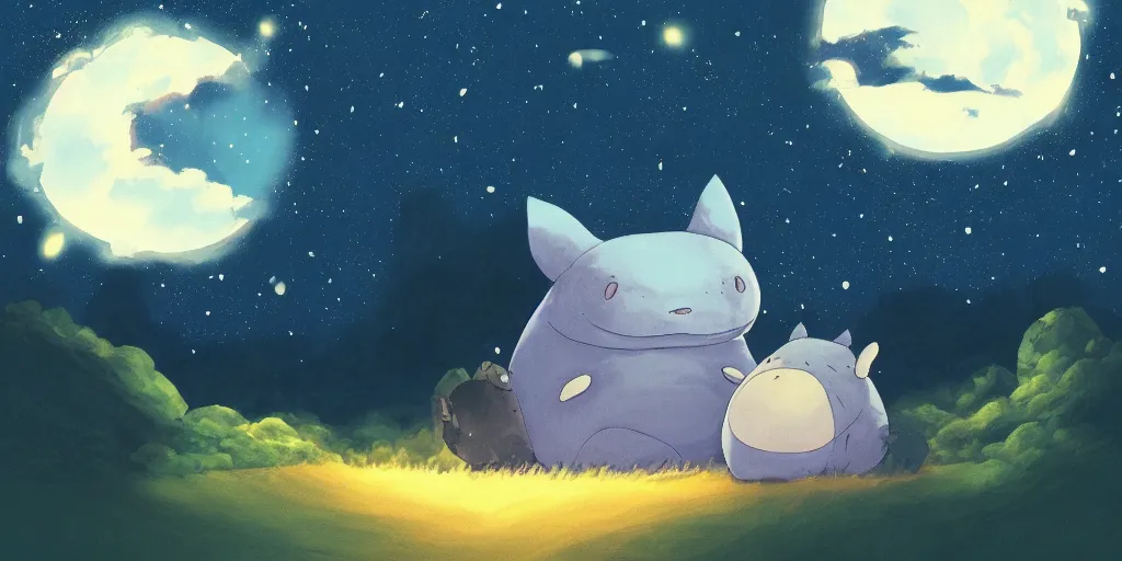 Prompt: giant glowing snorlax totoro, mountain landscape, night sky, digital art, digital painting, celestial, majestic, colorful