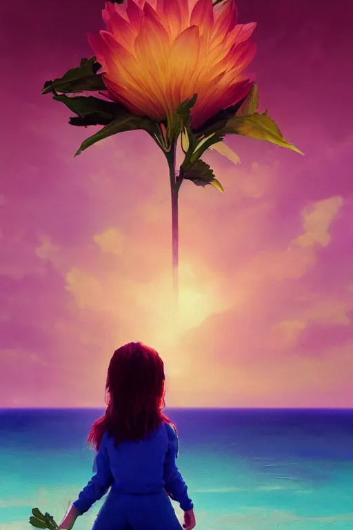 Image similar to closeup girl with huge dahlia flower head, on beach, surreal photography, blue sky, sunrise, dramatic light, impressionist painting, digital painting, artstation, simon stalenhag