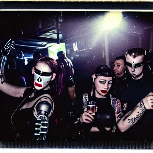 Prompt: Polaroid photo of a provocative techwear packed busy rundown nightclub, lots of people, males and females breakdancing, variety of sharp sparkly creepy masks, harnesses and garters, tactical vests and holsters, some people holding drinks or have robot limbs or have cybernetic mods, tattoos and piercings, retrofuturism, brutalism, cyberpunk, sigma 85mm f/1.4, 15mm, 35mm, tilted frame, long exposure, 4k, high resolution, 4k, 8k, hd, wide angle lens, highly detailed, full color, harsh light and shadow, intoxicatingly blurry