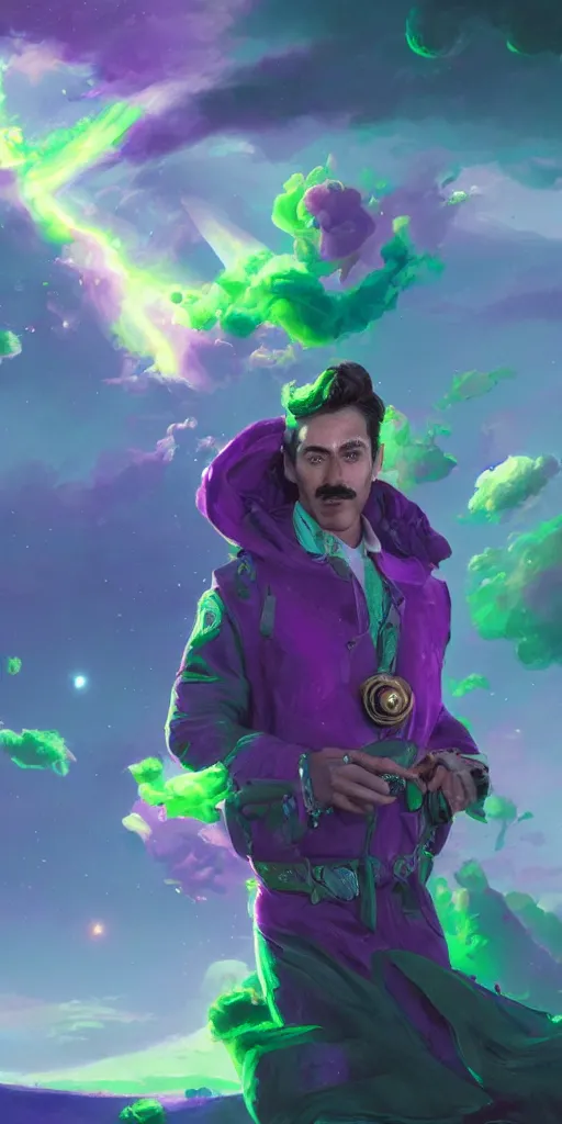 Image similar to a young male wizard with a salvador dali moustache in space, green and purple colors, volumetric lighting, greg rutkowski, artstation, 8k