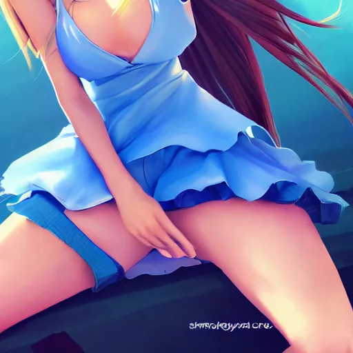 Image similar to a very beautiful young anime tennis girl, confident, full body, long wavy blond hair, sky blue eyes, full round face,, bikini, miniskirt, front view, mid - shot, highly detailed, cinematic wallpaper by stanley artgerm lau