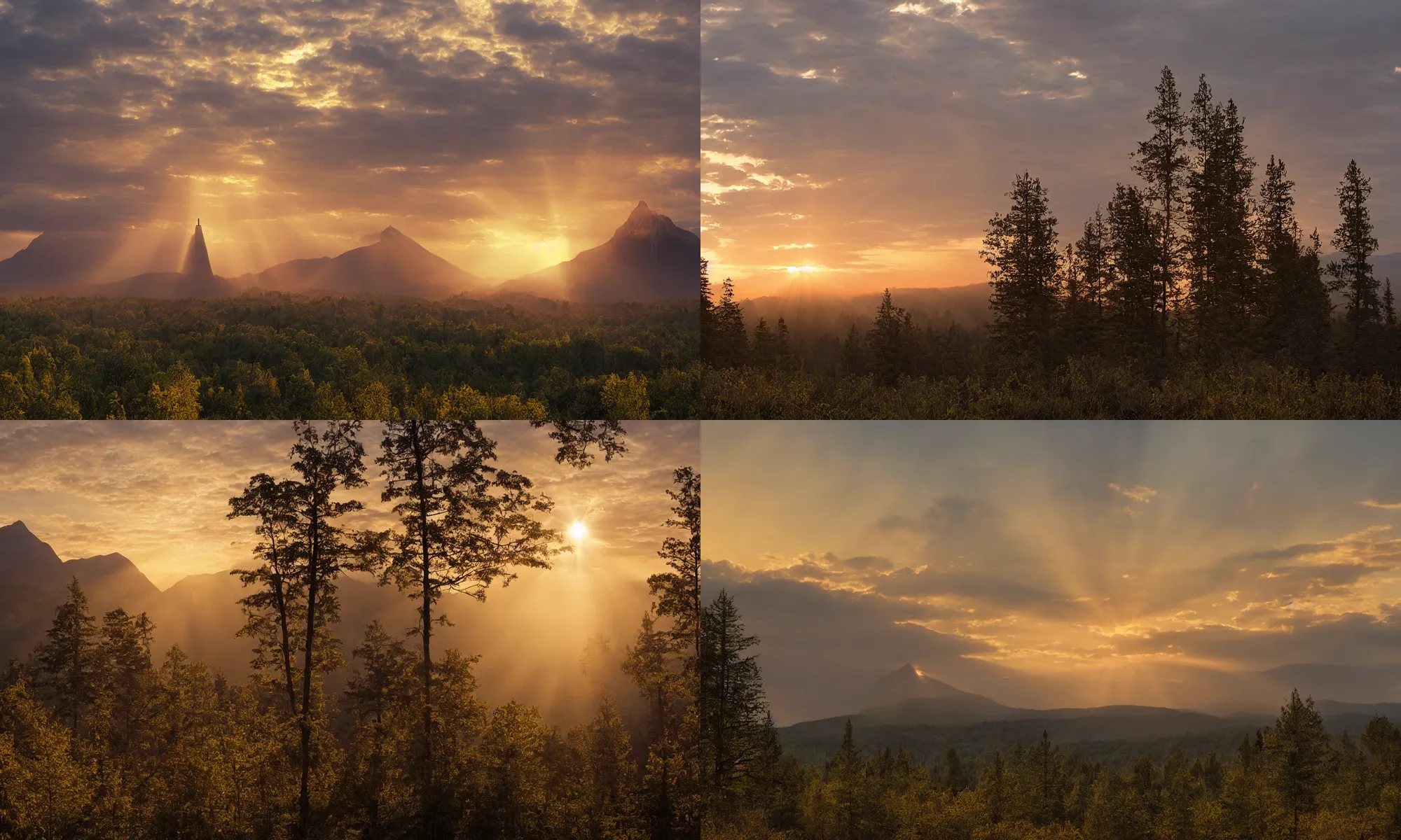 Prompt: in the distance is a large terrifying dark tower emitting black fog, surrounded by a dense forest in the mountains. the sun is setting in the distance. god-rays. warm. golden hour. by James Gurney. highly detailed.