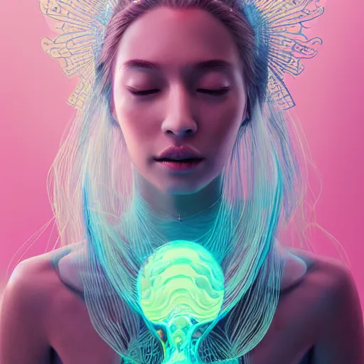 Image similar to goddess portrait. jellyfish phoenix head. intricate artwork by Tooth Wu and wlop and beeple. very coherent symmetrical artwork. cinematic, hyper realism, high detail, octane render, 8k