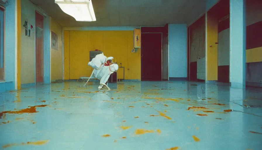 Image similar to 60s movie still of white japanese female phantoms bloody in an empty soviet stalinist style hospital with yellow tiles floor with light blue beds, cinestill 800t 35mm technicolor, heavy grain, high quality, higly detailed, liminal space