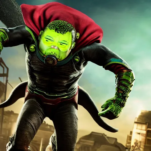 Image similar to pickle rick as superman! flying in ( gears of war ), splash art, movie still, detailed face, photorealistic facial features, cinematic lighting, dramatic, octane render, long lens, shallow depth of field, bokeh, anamorphic lens flare, 8 k, hyper detailed, 3 5 mm film grain