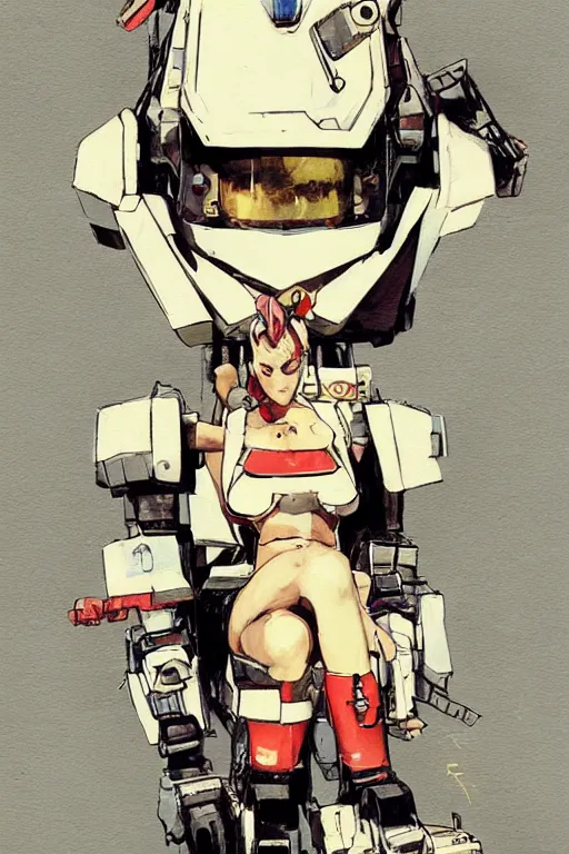 Prompt: Tank girl sitting on top of a Gundam robot mecha head, elegant, highly detailed, digital painting, artstation, concept art, smooth, flat brush strokes, illustration painted by Ashley wood and Bill Sienkiewicz, balanced composition, medium closeup