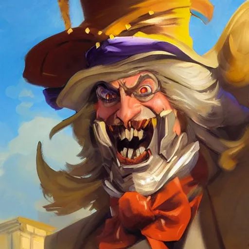 Image similar to greg manchess portrait painting of partially armored mad hatter from alice in wonderland as overwatch character, wacky, medium shot, asymmetrical, profile picture, organic painting, sunny day, matte painting, bold shapes, hard edges, street art, trending on artstation, by huang guangjian and gil elvgren and jesper ejsing