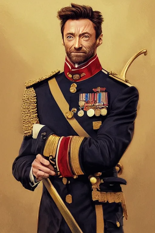 Image similar to Hugh Jackman in a Royal Navy uniform with medals on his jacket, holding a ceremonial sword, highly detailed, digital painting, Trending on artstation , HD quality, by artgerm and greg rutkowski and alphonse mucha, dramatic light, octane