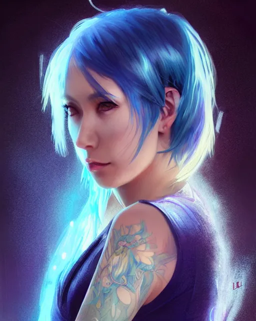 Image similar to stunningly beautiful female dj, blue hair, dj sura, dragon tattoo on her back, laser lights, sharp focus, digital painting, 8 k, concept art, art by wlop, artgerm, greg rutkowski and alphonse mucha