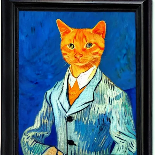 Image similar to a portrait of a ginger orange cat, wearing a light blue suit, by Vincent Van Gogh