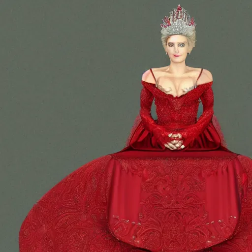 Image similar to realistic human queen, wearing red gown, beautiful, sitting on throne, highly detailed