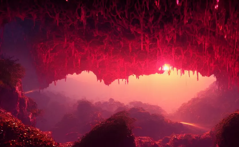 Image similar to a beautiful and stunning digital render of a humongous ruby cave, dimly glowing crystals, vines, haze, waterfall, volumetric lighting, photorealistic, red sky, sunset, unreal engine 5, ultra detail, trending on artstation