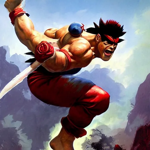Image similar to ultra realistic billie madison as ryu from street fighter, painting by frank frazetta, 4 k, ultra realistic, highly detailed,