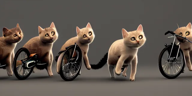 Prompt: group of cats on bikes, octane render, highly detailed