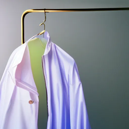 Image similar to an ultra high definition professional studio quality photograph of a transparent iridescent perspex pastel coloured raincoat on a white coat hook in an empty white room. dramatic lighting, ray tracing, refraction, shallow d. o. f, colour corrected, golden ratio, three point light.