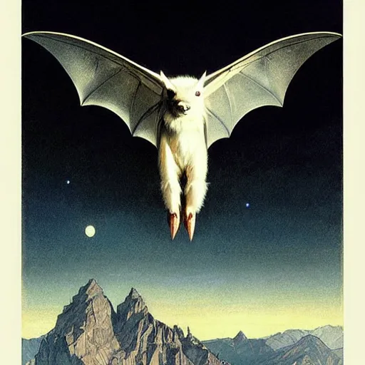 Image similar to hyper realistic white bat, flying against a dark black night sky, mountain in the background, moonlight, denoised, very detailed, painted by james gurney, alphonso mucha, norman rockwell, tom bagshaw